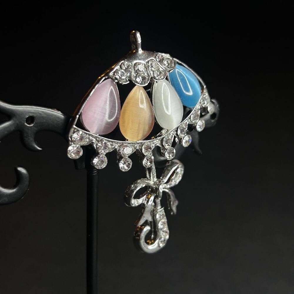 Vintage Style Multicolor Teardrop and Rhinestone Umbrella Brooch Pin - Picture 2 of 3